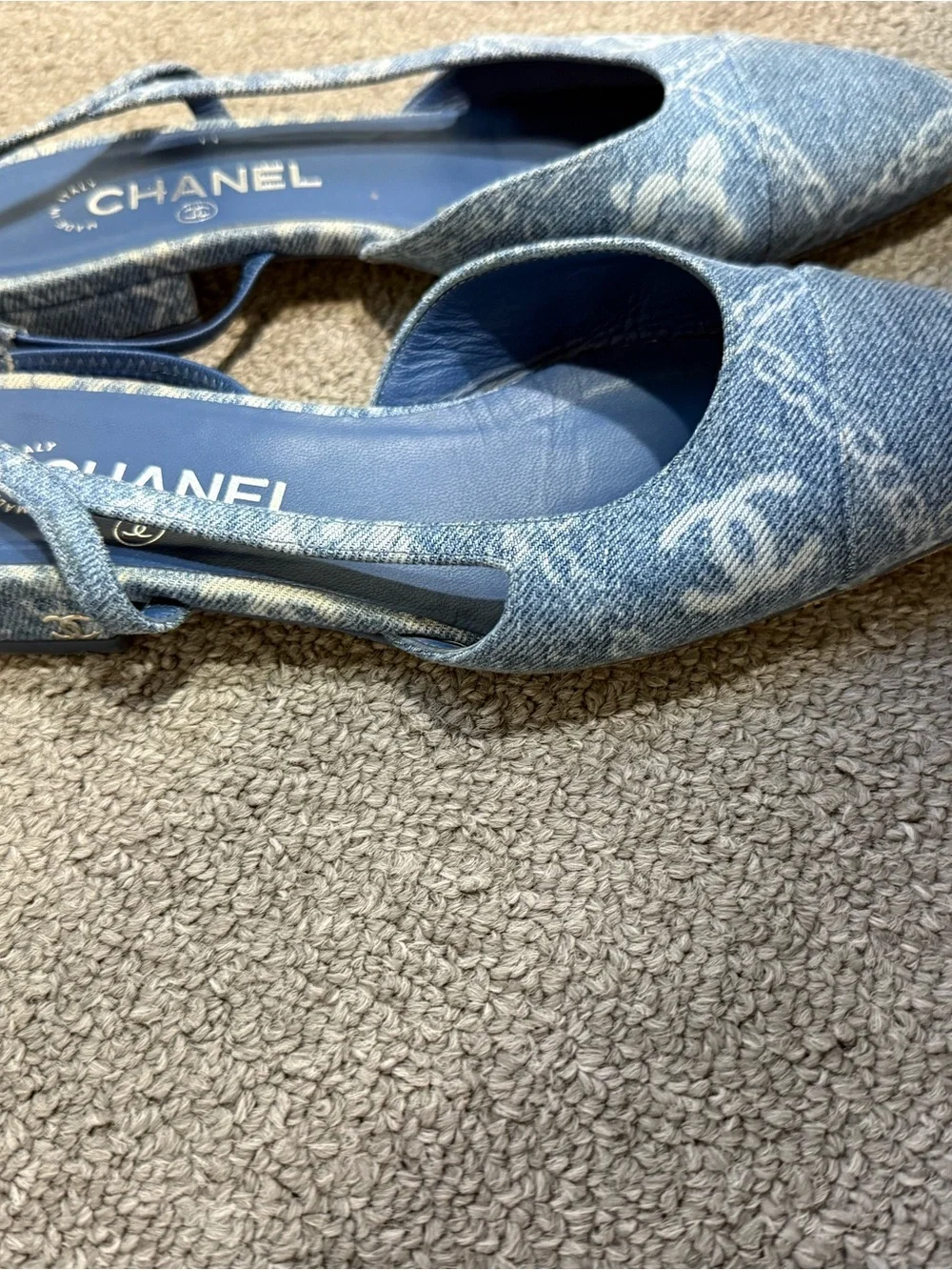 CHANEL Denim Blue Slingback Mules with CC Motif